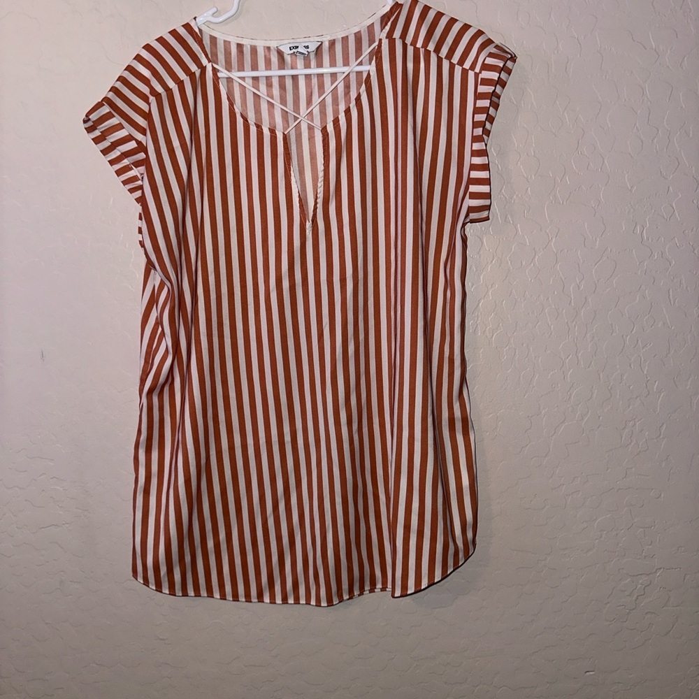 Express Orange and White Striped V-Neck Blouse